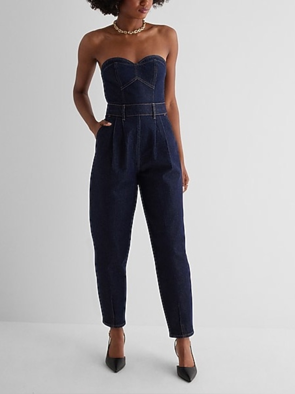 Express Denim Sweetheart Neckline Tapered Leg Jumpsuit Size 10 Blue